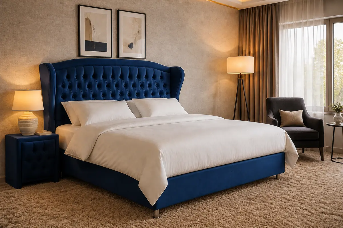 Luxuriöses königsblaues Boxspringbett im Hotelzimmer - Hantermann - Der Hotelausstatter Königsblaues Boxspringbett mit hohem Kopfteil in elegantem Hotelzimmer mit Teppich und Sessel