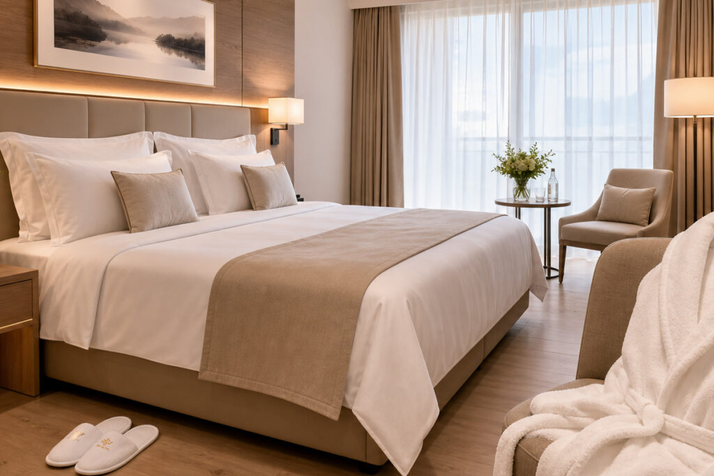 Modernes Hotelzimmer – stilvolles Boxspringbett mit hochwertiger Bettwäsche und warmem Lichtkonzept - Hantermann - Der Hotelausstatter Helles Hotelzimmer mit großem Boxspringbett, beiger Tagesdecke, Sessel mit Tisch, Blumenvase und bodentiefen Vorhängen