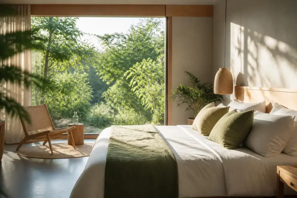 Nachhaltiges Hotelzimmer mit großem Bett, Naturmaterialien und Blick ins Grüne