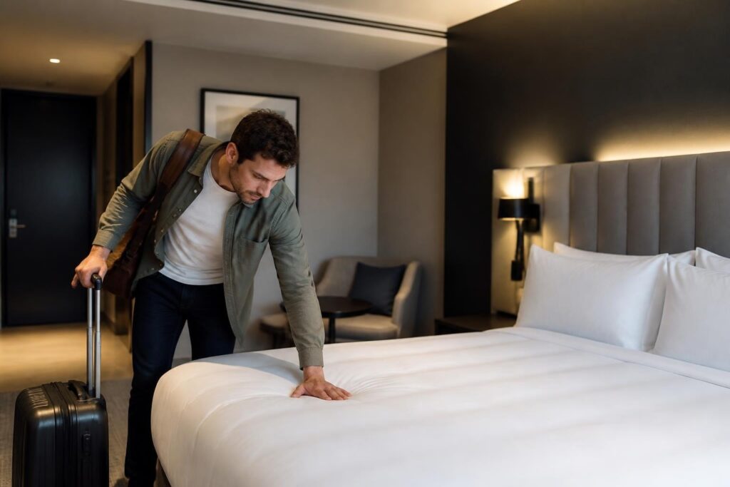 Geschäftsreisender drückt testend auf die Hotelmatratze und bewertet den Schlafkomfort im modernen Hotelzimmer