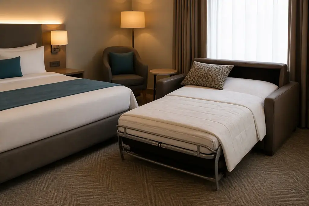 Schlafsessel Noblesse als ausgezogenes Gästebett im Hotelzimmer neben Doppelbett und Leseecke mit warmem Licht