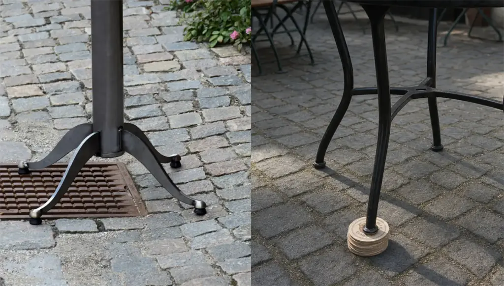 StableTable Tischgestell mit Stellfuß neben wackelndem Tisch mit Bierdeckel auf Kopfsteinpflaster
