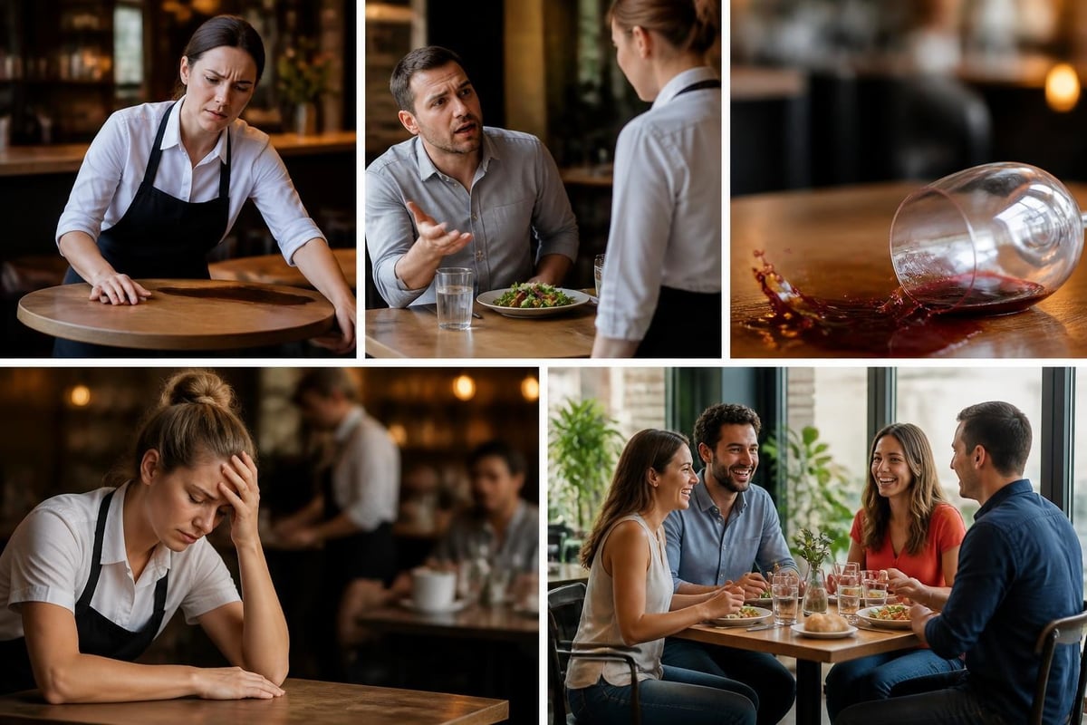 Verschütteter Wein, genervte Gäste und gestresstes Personal wegen wackelndem Tisch im Hotel-Restaurant