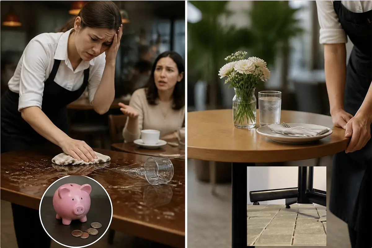 Zerschlagenes Glas und Sparschwein zeigen die Kosten wackelnder Tische, daneben ein stabiler StableTable