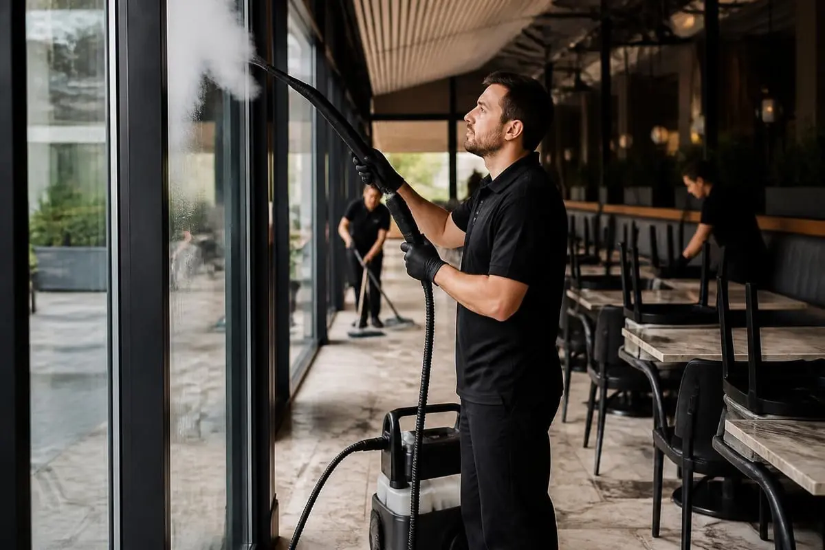 Reinigungsteam beim Trockendampfreinigen von Glasfassade, Boden und Tischen in einem Restaurant