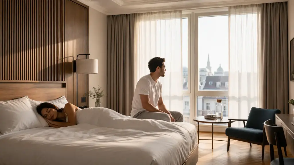 Entspannter Schlaf im europäischen Stadthotel dank CoolAge Bett, Kissen und Topper bei heißem Sommerwetter