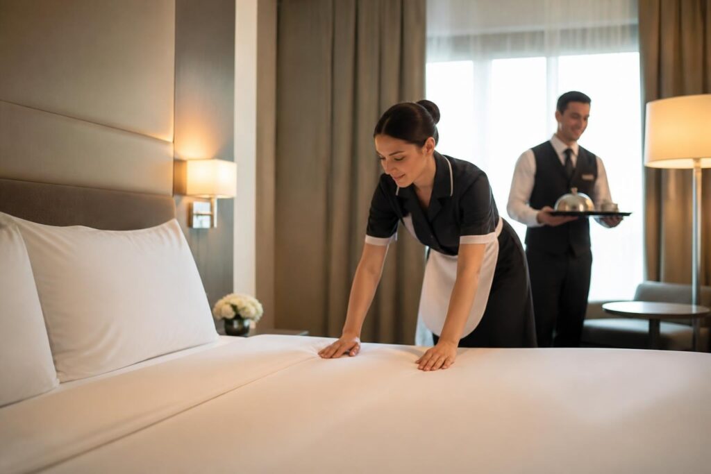 Housekeeping richtet Hotelbett mit weißer Bettwäsche, im Hintergrund bringt Service ein Tablett ins Zimmer