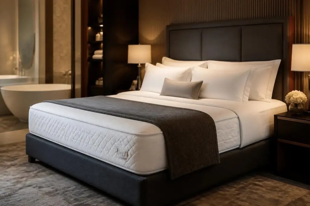 Premium-Hotelsuite mit hochwertiger Matratze als Sinnbild für Schlaftourismus und Reiseziel Schlaf
