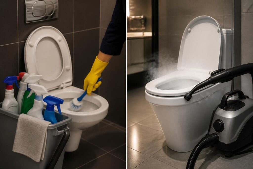 Reinigungskraft mit Gummihandschuhen schrubbt WC, im Vergleich Toilette bei Dampfdesinfektion mit Reiniger