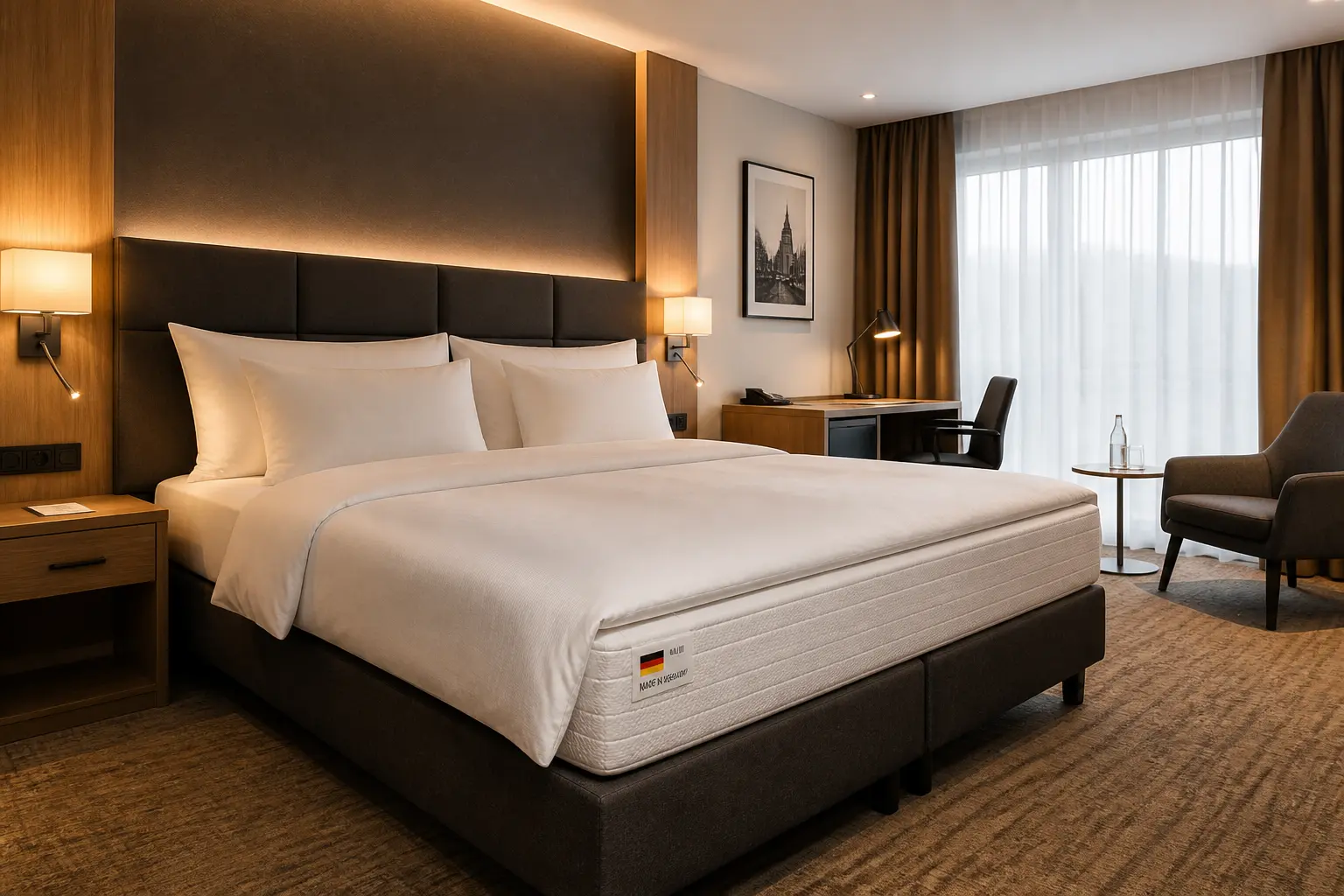 Modernes Business-Hotelzimmer mit deutscher Qualitätsmatratze für erholsamen Schlaf und produktive Gäste. Steigert Komfort, Bewertungen und Zimmerauslastung.