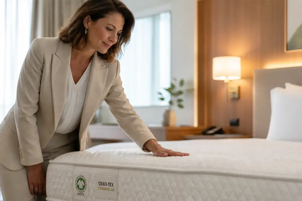 Nachhaltige Hotelmatratzen prüfen – Einstieg für Hoteliers - Hantermann - Der Hotelausstatter Hotelmanagerin testet zertifizierte, nachhaltige Hotelmatratze mit OEKO‑TEX und GOTS Siegel im modernen Gästezimmer
