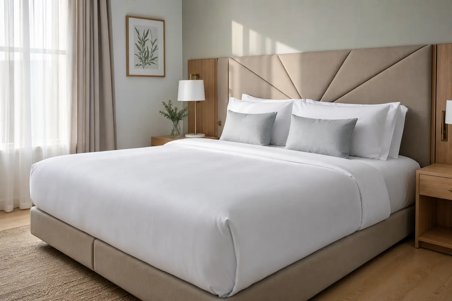 Frisch wirkendes Hotelbett mit weißer Bettwäsche, grauen Kissen und modernem Kopfteil mit klaren Linien | Hantermann