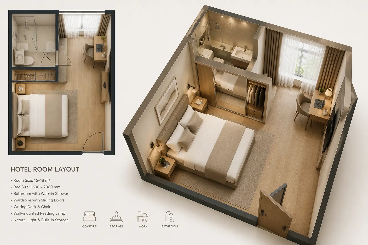 Grundriss und 3D-Perspektive eines gut geplanten kleinen Hotelzimmers mit Bett, Bad, Schreibtisch und Stauraum