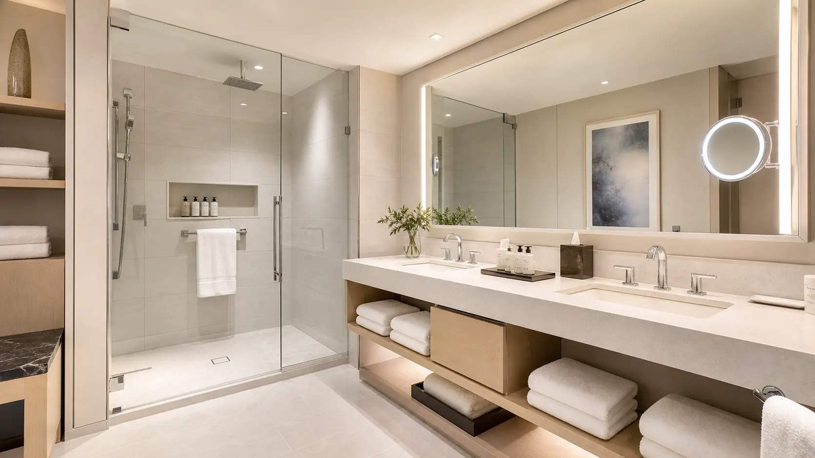 Modernes Hotelbad mit großer Dusche, Doppelwaschbecken, Spiegel und ordentlich gefalteten Handtüchern