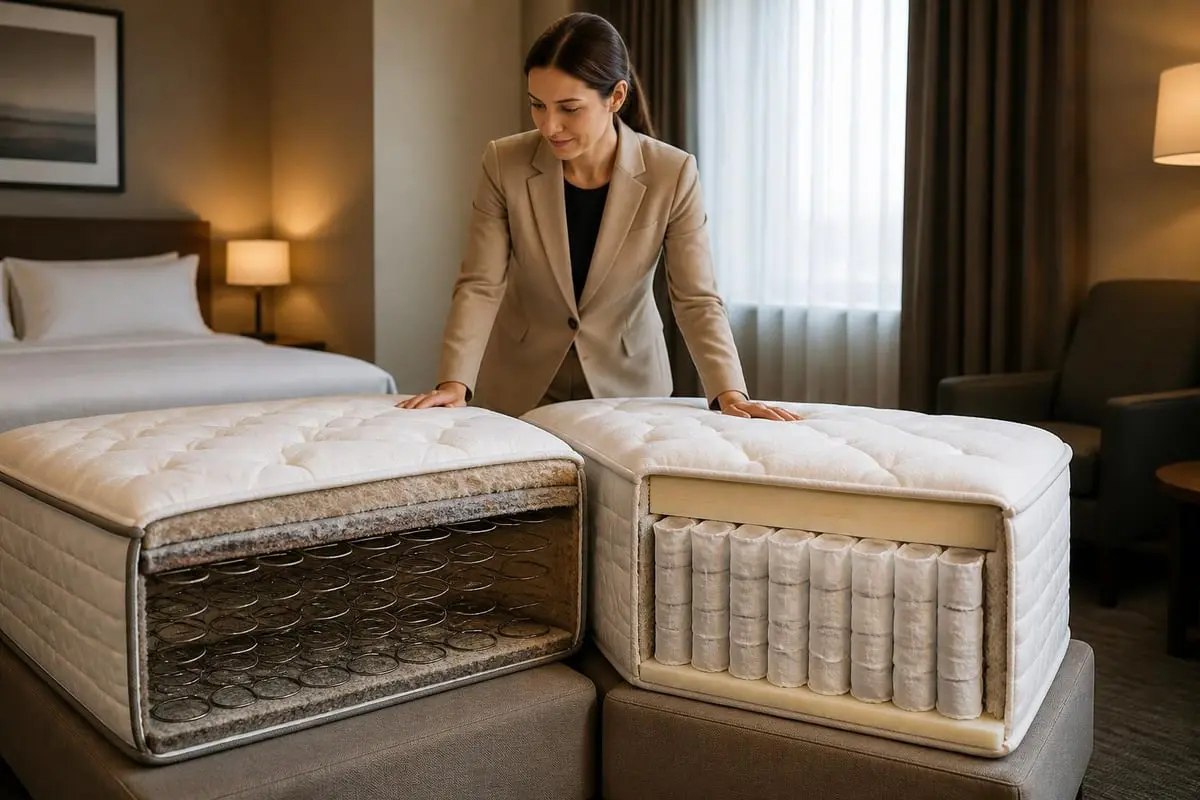 Vergleich zweier Hotelmatratzen im Querschnitt: einfacher Federkern gegen Taschenfederkern-Qualität