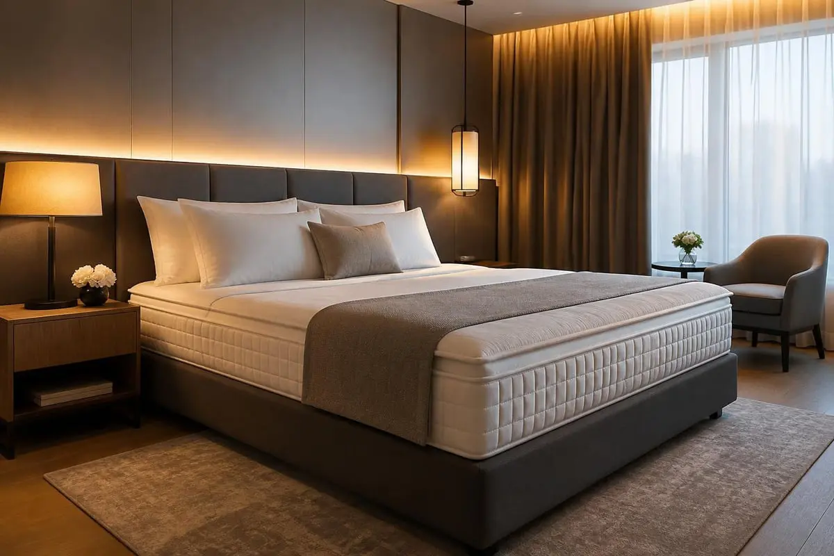 Hochwertige Hotelmatratze in stilvoller Suite mit warmem Licht und edlen Textilien