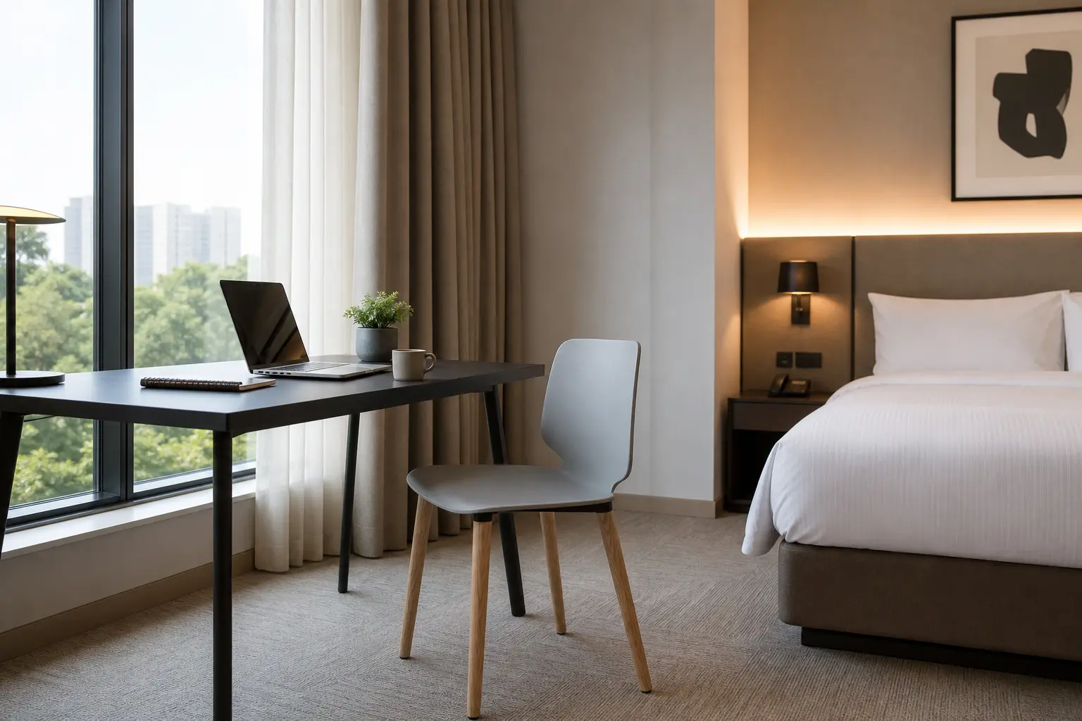 Hotelzimmer mit Schreibtisch, Babila-Stuhl, Laptop und Bett – tagsüber als ruhiger Arbeitsplatz nutzbar