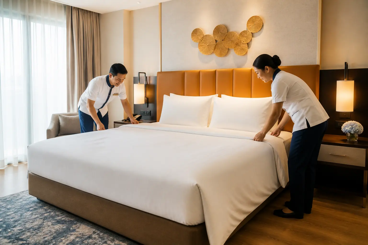 Housekeeping-Team richtet ein Hotelbett mit weißer Bettwäsche sorgfältig und sorgt für perfekte Zimmerpräsentation
