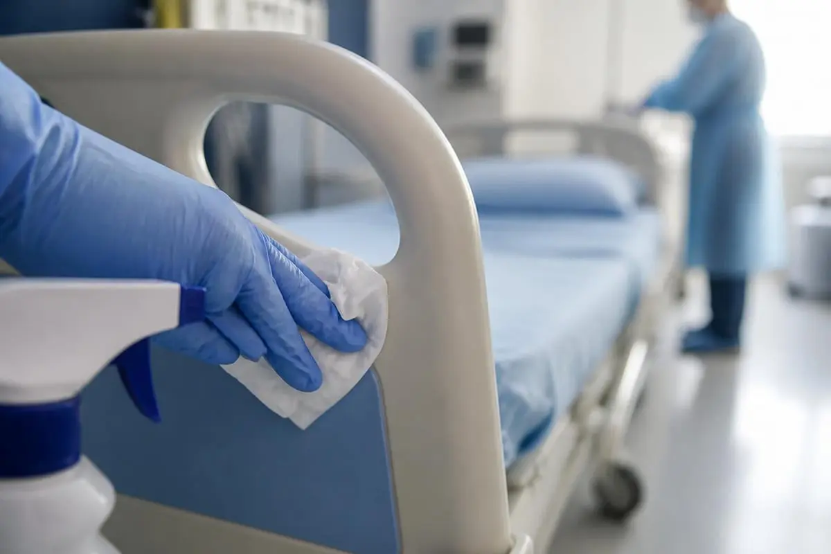 Bild 1 - Hantermann - Der Hotelausstatter Flächendesinfektion am Krankenhausbett mit Desinfektionstuch für hygienische Reinigung im Gesundheitswesen
