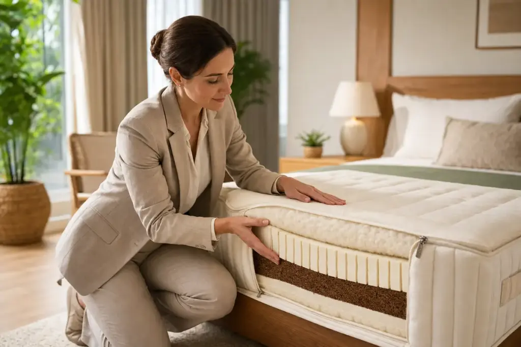 Nachhaltigkeit und Hotelmatratzen: Was wirklich unter dem Bezug steckt - Hantermann - Der Hotelausstatter Einkäuferin prüft Naturlatex-Matratze mit sichtbarer Kokosfaser- und Wollschicht im Hotelzimmer