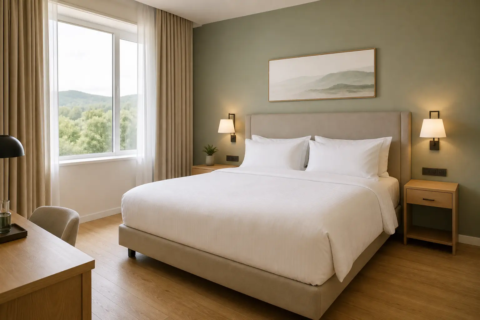 Ruhiges Hotelzimmer mit großem Bett, grüner Wand, Schreibtisch, Fenster mit Vorhängen und klarer, funktionaler Raumstruktur