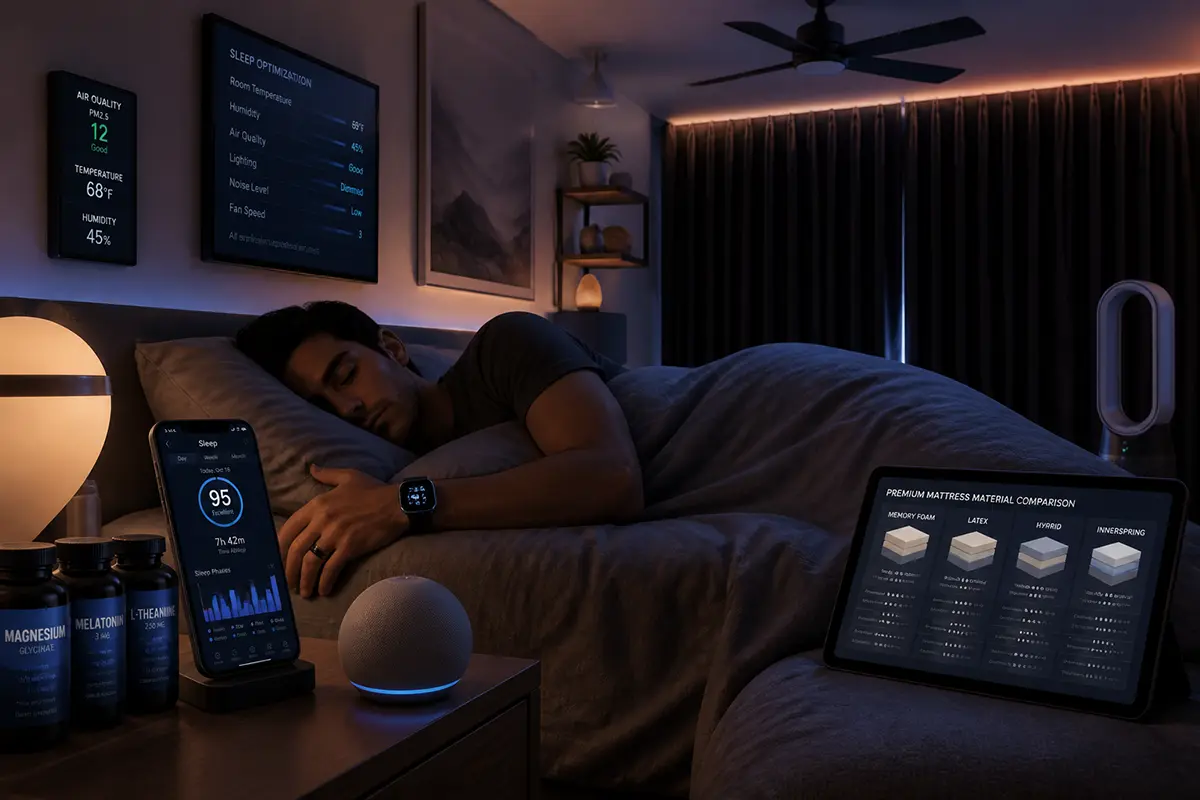 Mann optimiert Schlaf mit Tracker, Smart Home und Premium-Matratze für besseren Schlafscore