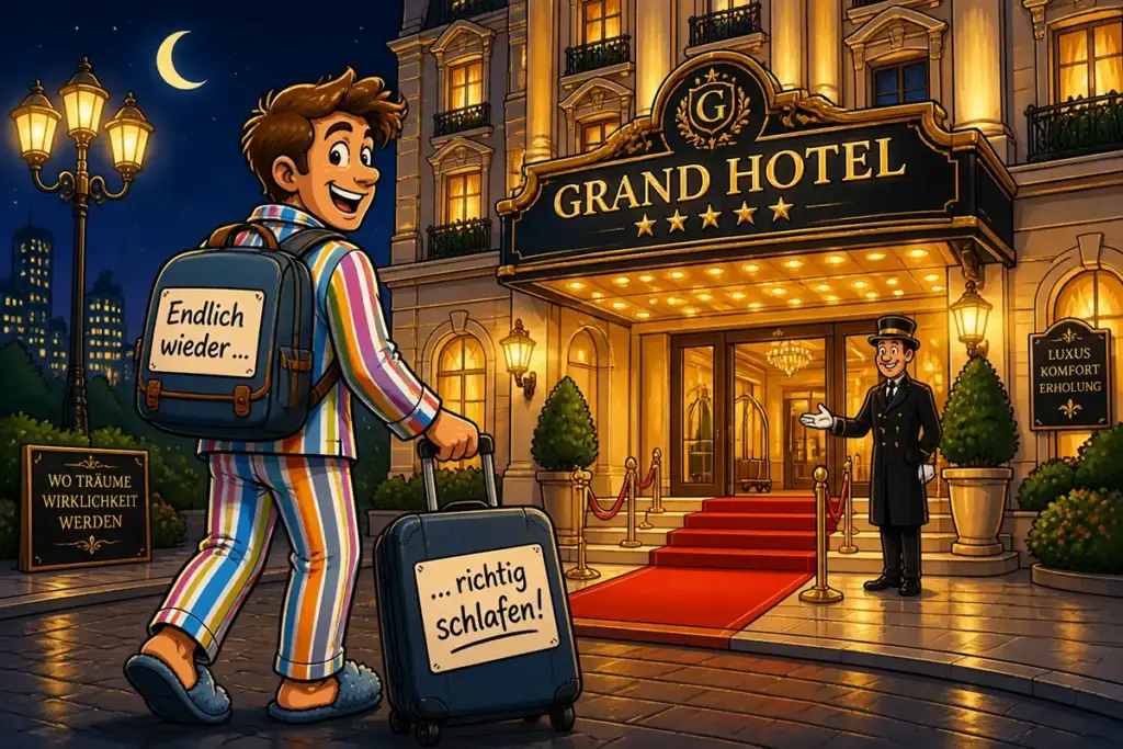 Suche Hotel: Endlich wieder richtig schlafen! - Hantermann - Der Hotelausstatter Schlaftourist freut sich auf erholsamen Schlaf auf bequemer Hotelmatratze vor beleuchtetem Grand Hotel