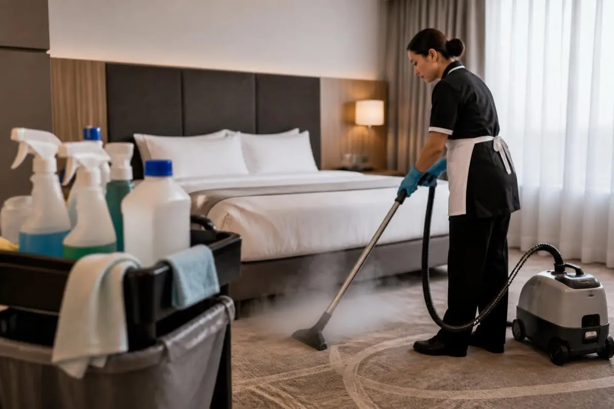 Housekeeping-Fachkraft reinigt Hotelteppich mit Dampfreiniger, Reinigungswagen mit Hygieneprodukten im Vordergrund