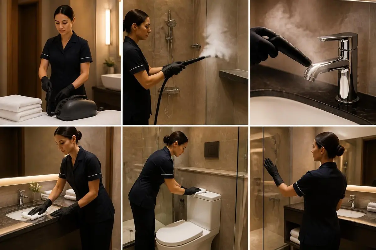 Housekeeping-Fachkraft reinigt Hotelbad mit Dampfreiniger: Dusche, Armatur, Waschtisch, WC und Spiegel im Detail