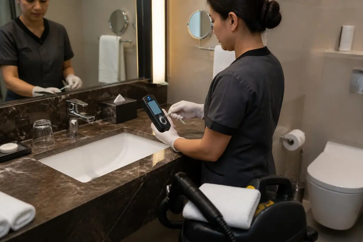 Housekeeping-Fachkraft prüft mit ATP-Hygiene-Messgerät die Sauberkeit am Waschtisch im Hotelbadezimmer