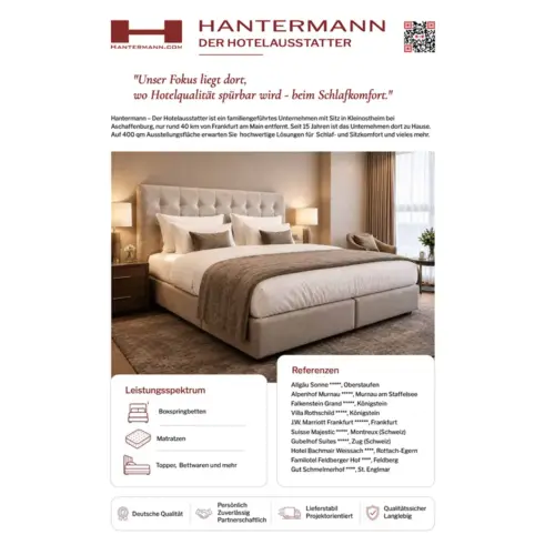 Informationsflyer von Hanterman mit Boxspringbett, Leistungen für Hotelausstattung und ausgewählten Hotelreferenzen