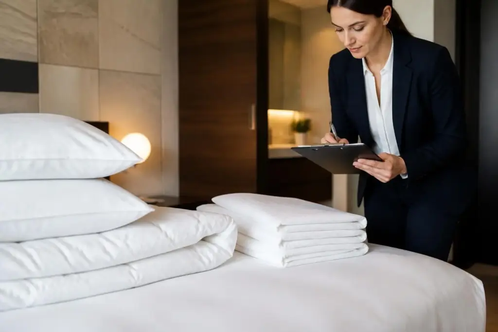 Bettwarenanschaffung im Hotel: Qualitätskontrolle weißer Bettwäsche und Handtücher - Hantermann - Der Hotelausstatter Bettwarenanschaffung im Hotel: Housekeeping-Managerin prüft Bettwäsche, Kissen und Handtücher mit Checkliste im Hotelzimmer