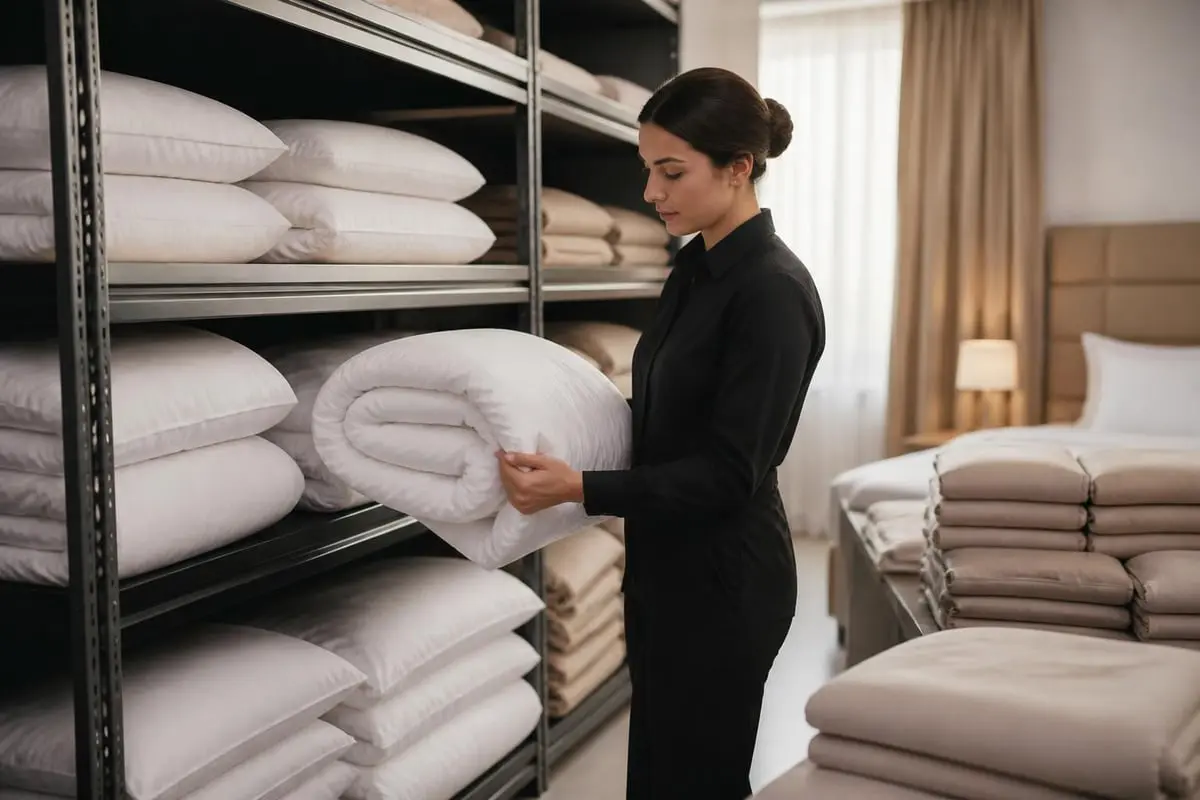 Bettwarenanschaffung im Hotel: Housekeeping-Mitarbeiterin lagert weiße Bettdecken und Kissen im professionellen Wäschemagazin