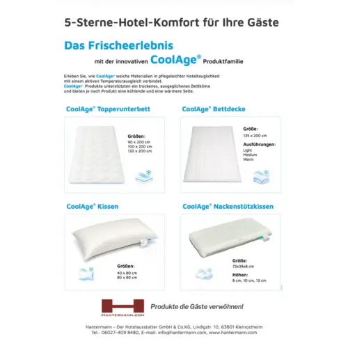 CoolAge® Produktfamilie für Hotels mit Topperunterbett, Bettdecke, Kissen und Nackenstützkissen