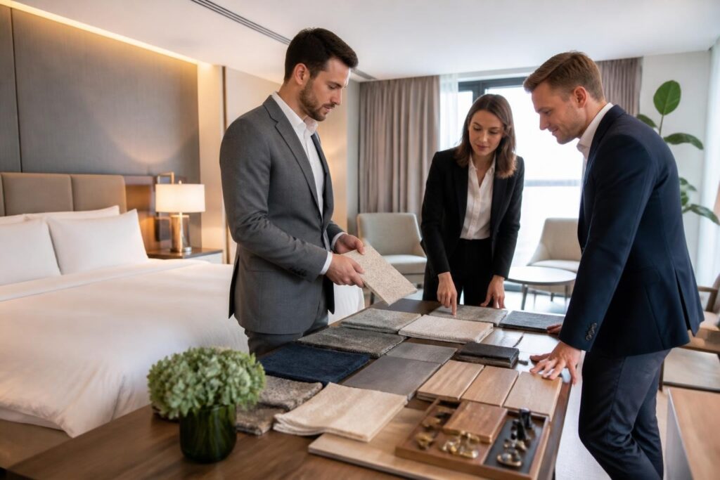 Team wählt Materialien für Investitionsentscheidungshilfe im Hotel: Boden, Stoff, Beschläge.