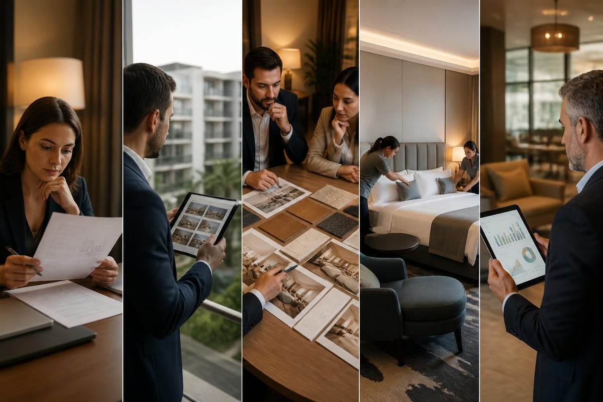 Hoteliers nutzen Investitionsentscheidungshilfe 2026 mit Daten, Design und Entscheidung am Tablet.
