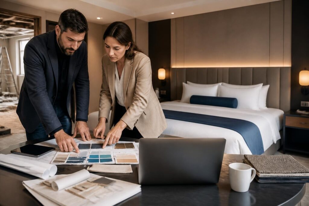 Hotelausstattung planen: Gemeinsame Materialauswahl für Ihre Hotelrenovierung - Hantermann - Der Hotelausstatter Hotelmanager und Designerin wählen Stoff- und Farbmuster für die Hotelzimmereinrichtung aus – Planung der Hotelausstattung.