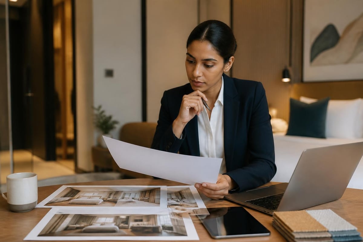 Hotelmanagerin prüft Architektur-Renderings, Stoffmuster und Baupläne für die strategische Hotelzimmer-Renovierung am Laptop.
