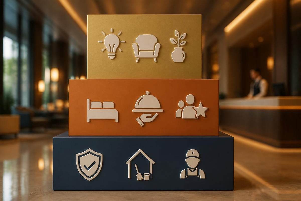 Hotel-Lobby mit gestapelten Service-Blöcken für Sicherheit, Housekeeping, Gastronomie, Komfort und Nachhaltigkeit als Investitionsbereiche.