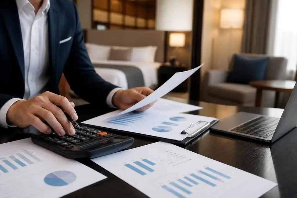 Hotelier berechnet Investitionsplanung für Betten, Matratzen und Zimmerrenovierung mit Unterlagen und Laptop.