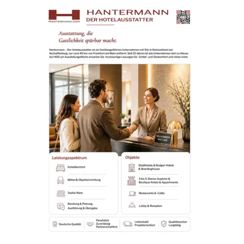 Hanterman Unternehmensflyer zur Hotelausstattung mit Empfangsszene, Leistungsspektrum und Objektbereichen
