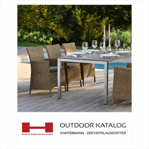 Hantermann Outdoor Katalog mit gedecktem Gartentisch, Polyrattan-Stühlen und Poolterrasse