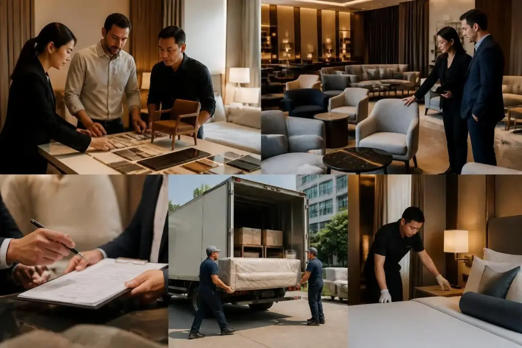 Professionelle Möbelbestellung für Hotels: Beratung, Showroom, Vertragsabschluss, Lieferung und Montage durch Hotelausstatter