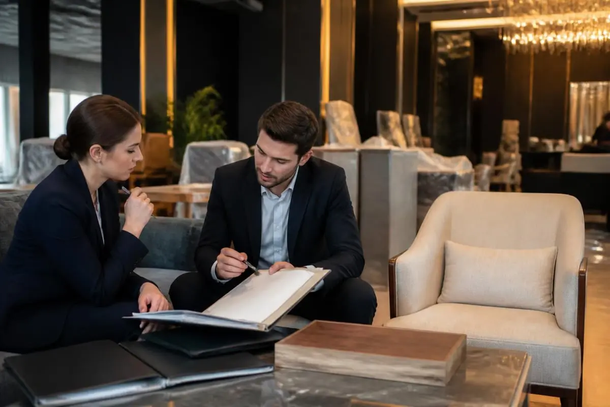 Möbelbestellung Hotels: Experten beraten sich im Showroom über Materialmuster, Verträge und Lieferbedingungen