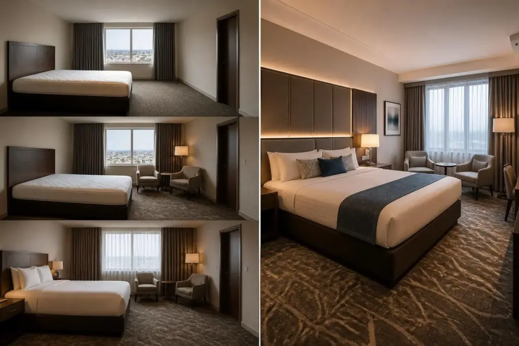 Hotelausstattung Schritt für Schritt: Vom leeren Zimmer zur fertigen Hotel Suite - Hantermann - Der Hotelausstatter Hotelausstattung in Etappen: Hotelzimmer-Ausstattung vom leeren Bettgestell bis zum fertig eingerichteten Hotelzimmer mit Möbeln