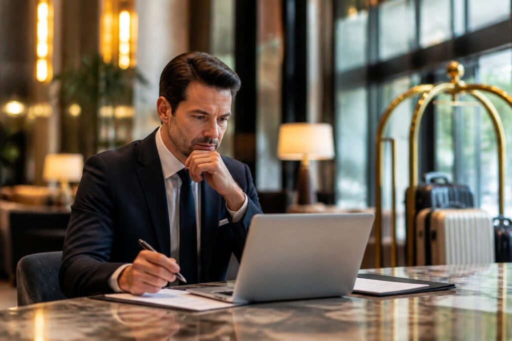 Hotelinvestitionen vor Jahresende: Der richtige Zeitpunkt für strategische Beschaffung - Hantermann - Der Hotelausstatter Geschäftsmann in Anzug arbeitet mit Laptop in Hotellobby und plant Jahrtausendinvestitionen vor Jahreswechsel