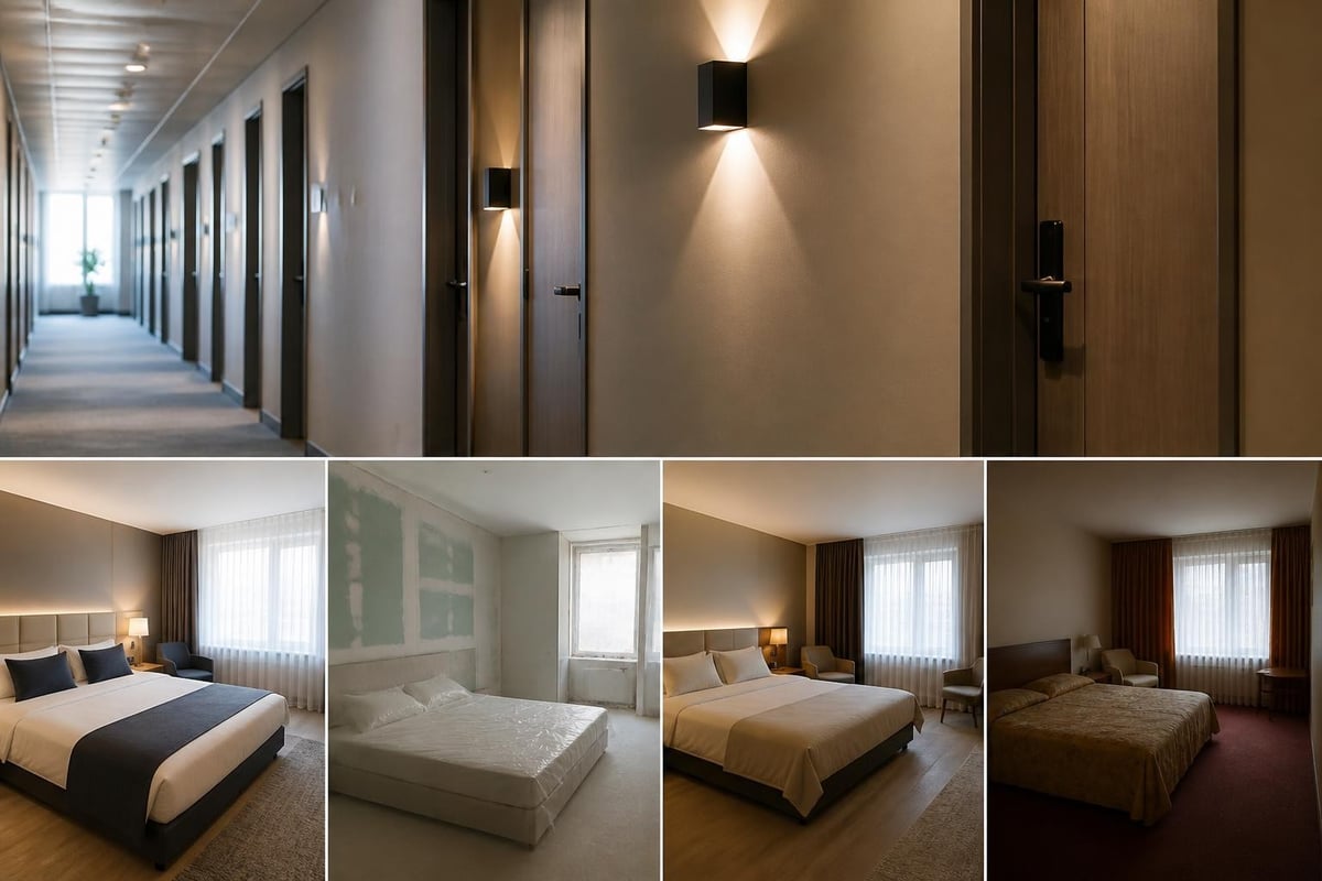 Hotelzimmer Renovierung im Vergleich: alter Zustand, Bauphase und modernisiertes Zimmer mit neuer Hotelausstattung