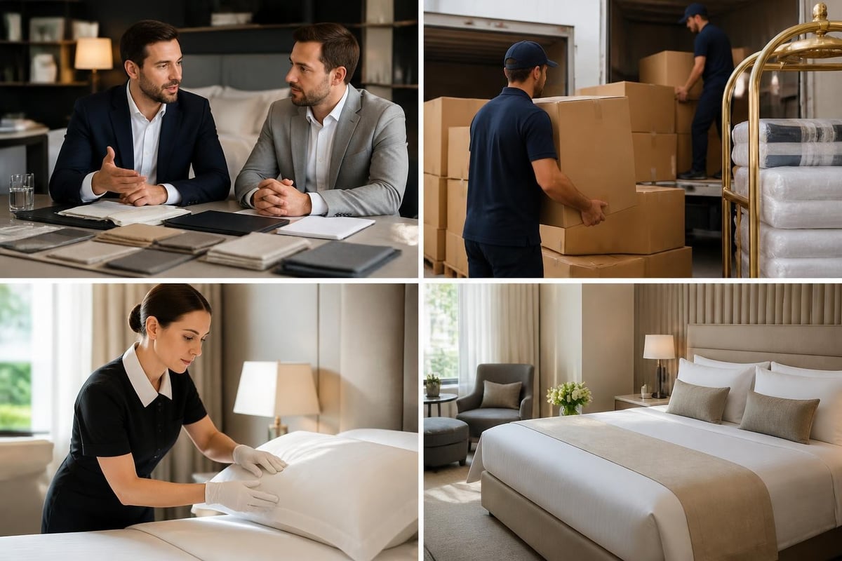 Hotelausstattung Prozess: Planung mit Stoffmustern, Lieferung, Housekeeping und fertiges Hotelzimmer mit neuer Bettwäsche
