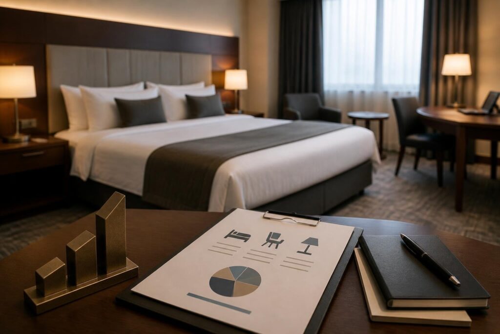 Investitionsabzugsbetrag für Hotels: Schreibtisch mit Klemmbrett, Diagramm und Hotelzimmer im Hintergrund