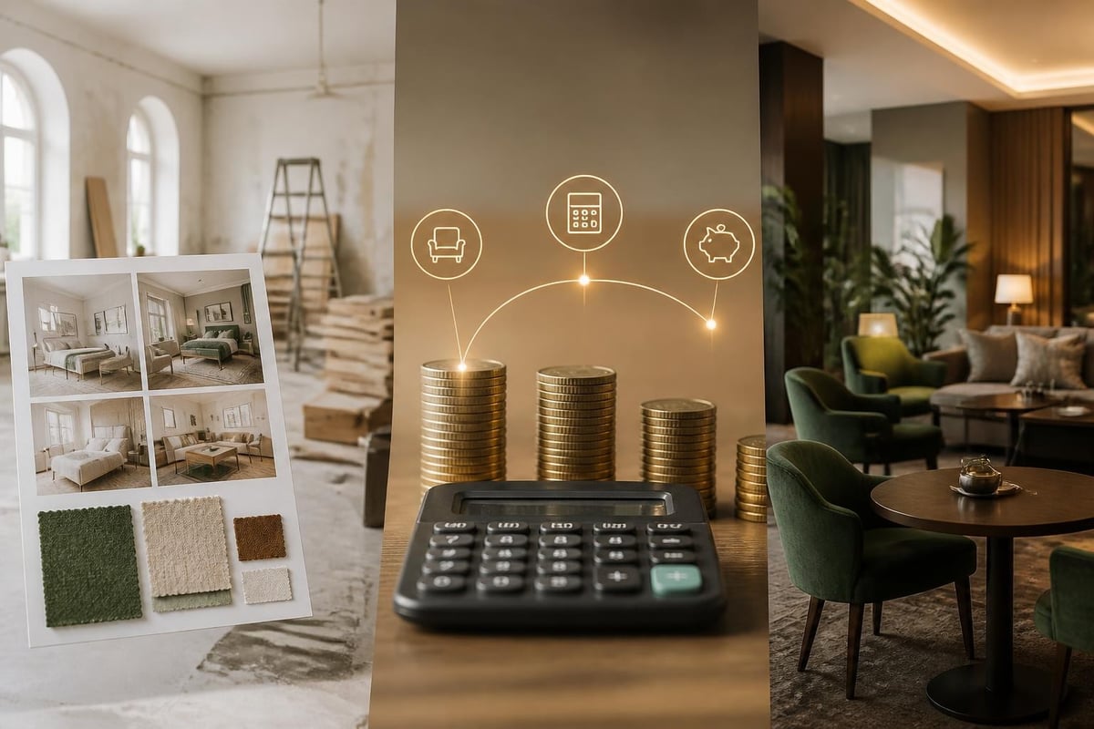 Investitionsabzugsbetrag für Hotels: Planung, Budget und fertige Hotel-Lobby mit Samtsesseln